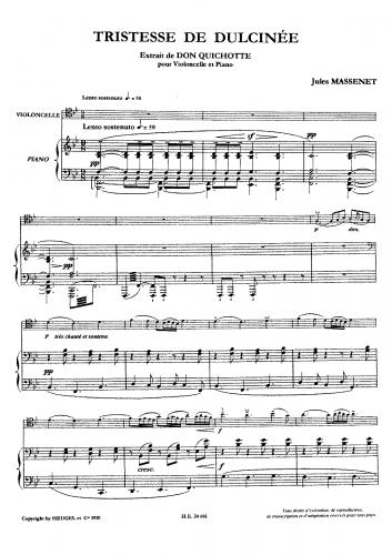 Massenet - Don Quichotte - Tristesse de Dulcinée For Cello and Piano - Cello and Piano score, Cello part