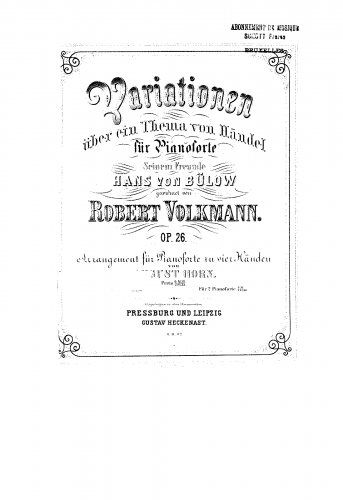 Volkmann - Variationen über ein Thema von Handel, Op. 26 - For Piano 4 Hands (Horn) - Score