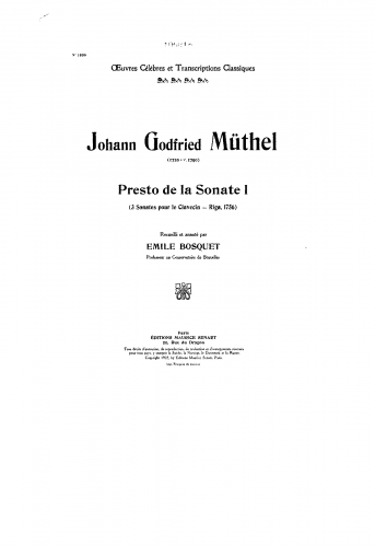 Müthel - 3 Harpsichord Sonatas - Presto (Sonata No. 1) For Piano (Bosquet) - Score