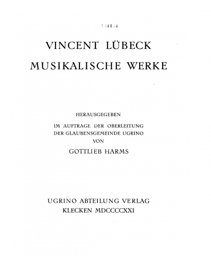 Lübeck - Vincent Lübeck: Musikalische Werke - Cover and Introduction