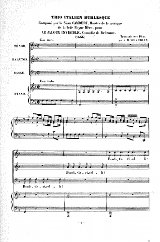 Cambert - Bon di Cariselli ; Trio italien burlesque - Vocal Score - Score