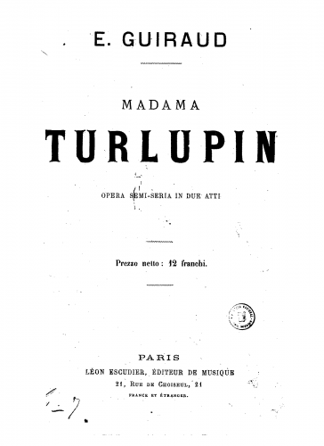 Guiraud - Madame Turlupin - Vocal Score - Score