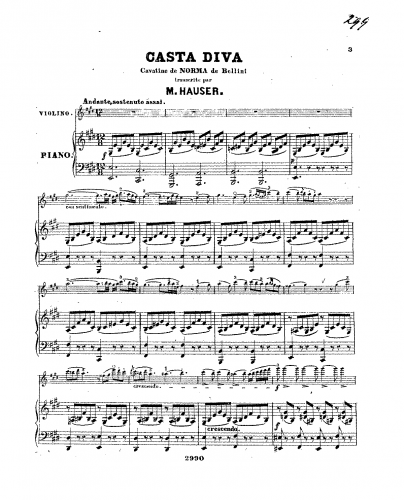Bellini - Norma - Cavatina: 'Casta Diva' (Act I) For Violin and Piano (Hauser) - Piano score