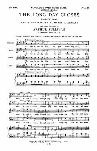 Sullivan - The Long Day Closes. A Four-Part Song for Men's Voices. - For Mixed Chorus - Score