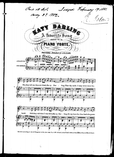 Anonymous - Katy Darling, A Favorite Song - Score