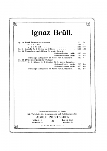 Brüll - 3 Intermezzi - For Piano 4 hands - Score