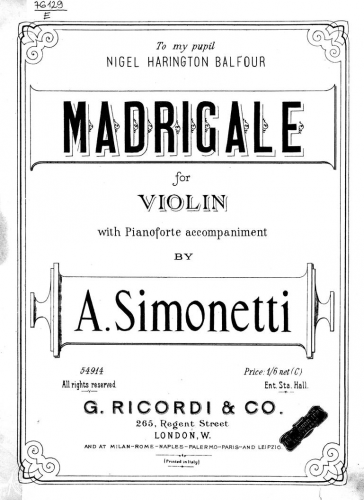 Simonetti - Madrigale - Scores and Parts - Piano score