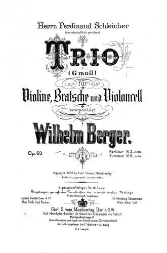 Berger - String Trio, Op. 69 - Scores and Parts - Score