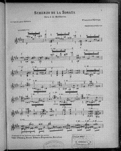 Beethoven - Piano Sonata No. 2 - III. Scherzo: Allegretto For Guitar Solo (Tárrega) - Score