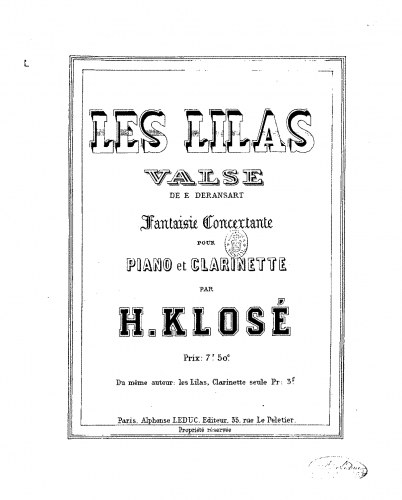 Deransart - Les lilas - For Clarinet and Piano (Klosé) - Piano score and Clarinet part