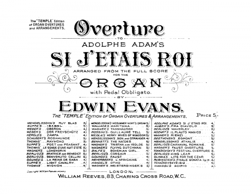 Adam - Si j'étais roi - Overture For Organ (Evans) - Score