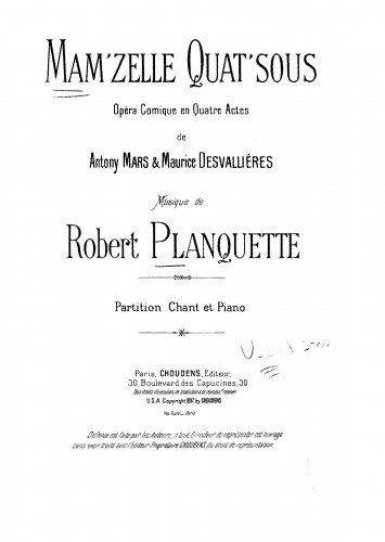 Planquette - Mam'zelle Quat'sous - Vocal Score - Score