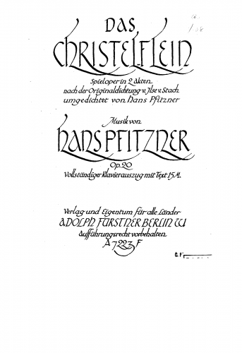 Pfitzner - Das Christelflein - Vocal Score - Score