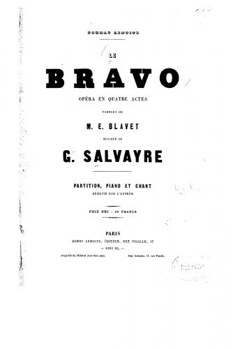 Salvayre - Le bravo - Vocal Score - Score
