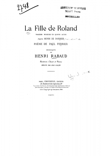 Rabaud - La fille de Roland - Vocal Score - Score