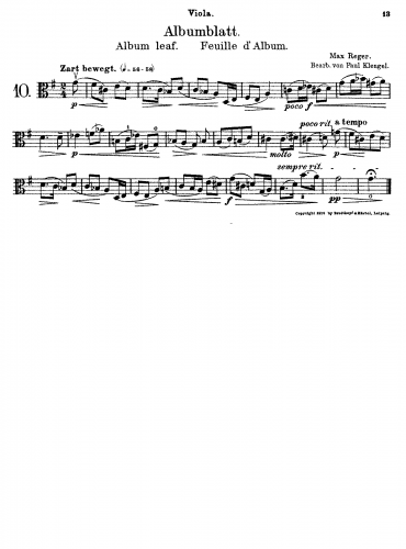 Reger - Blätter und Blüten - Selections For Viola and Piano (Klengel)