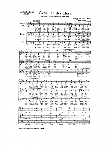 Bach - Geistliche Gesänge mit Melodien zum Singen bei dem Claviere - Gross ist der Herr! Von seiner Macht (Book 1, No. 7) For Mixed Chorus (Composer?) - Score