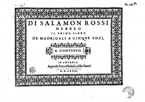 Rossi - Madrigali à 5, libro primo - Scores and Parts - Continuo