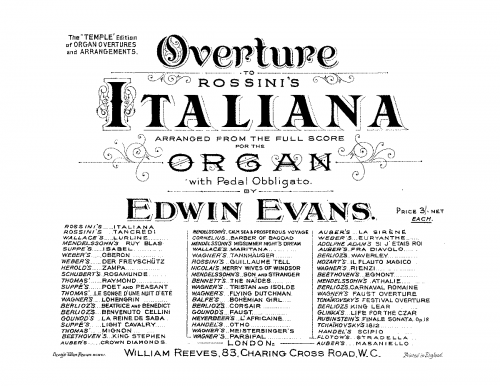 Rossini - L'italiana in Algeri - Overture For Organ solo (Evans) - Score