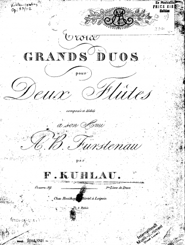 Kuhlau - 3 Grand Duets for 2 Flutes, Op. 39 - No. 1 (complete), No. 2 (1st and 2nd movements only)