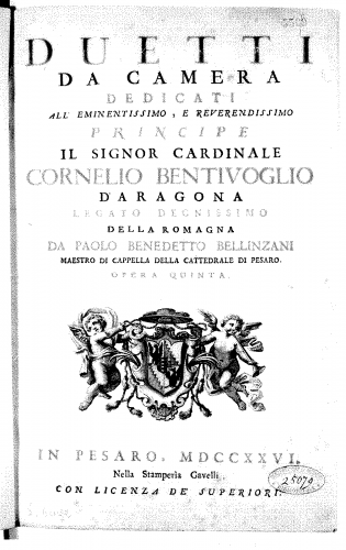 Bellinzani - Duetti da camera - Score