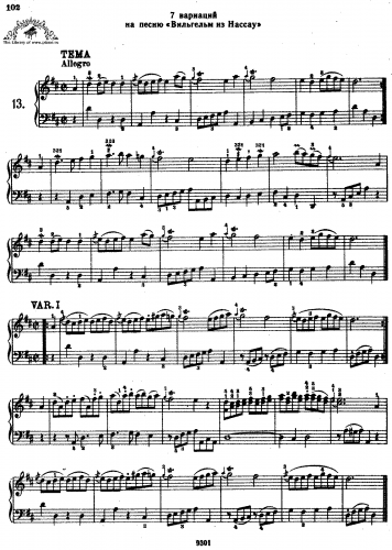 Mozart - 7 Variations on "Willem von Nassau", K.25 - Piano Score - Score