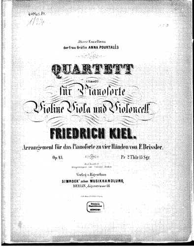 Kiel - Piano Quartet No. 1 - For Piano 4 hands (Brissler) - Score