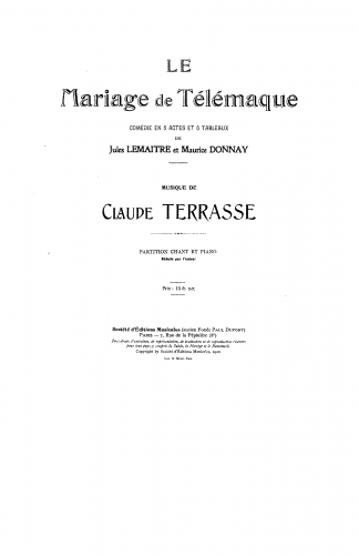 Terrasse - Le mariage de Télémaque - Vocal Score - Score