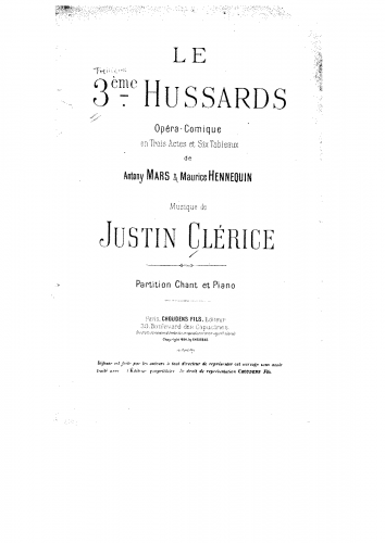 Clérice - Le troisième hussards - Vocal Score - Score