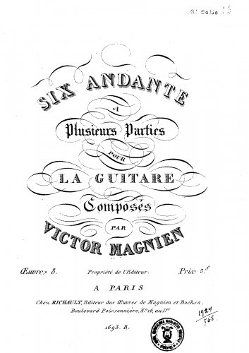 Magnien - 6 andantes à plusieurs parties pour la guitare - Score