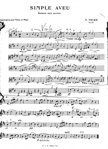 Thomé - Simple Aveu, Op. 25 - For Viola and Piano - Viola Part