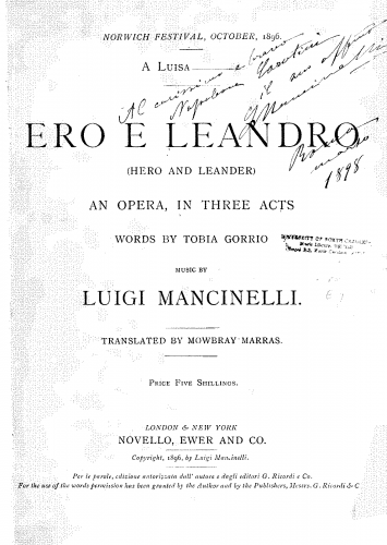 Mancinelli - Ero e Leandro - Vocal Score - Score