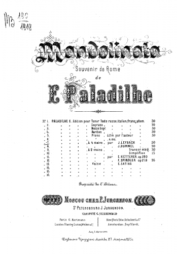 Leybach - Fantasie brillante sur 'Mandolinata' de E. Paladilhe - For Piano 4 hands - Score