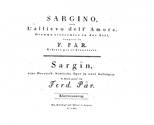 Paër - Sargino, ossia L'allievo dell'amore - Vocal Score - Score
