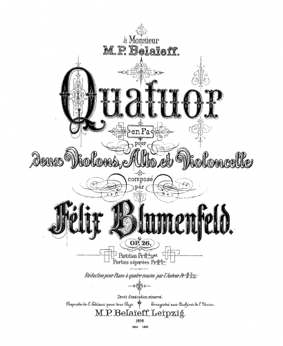 Blumenfeld - String Quartet - For Piano 4 Hands (Composer) - Score