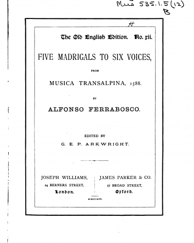 Ferrabosco Sr. - Musica Transalpina - Vocal Score - Five Madrigals for Six Voices