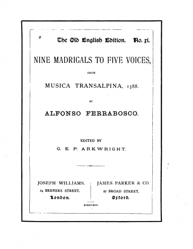 Ferrabosco Sr. - Musica Transalpina - Vocal Score - Nine Madrigals for Five Voices