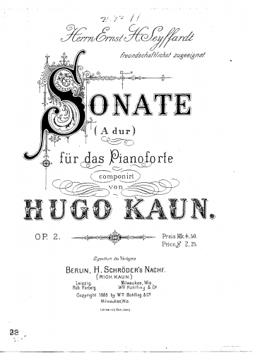 Kaun - Piano Sonata, Op. 2 - Score