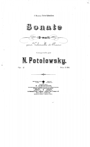 Potolovsky - Sonate (D-moll) pour violoncelle et piano, composée par N. Polowsky. Op. 2 ... - Complete score and part