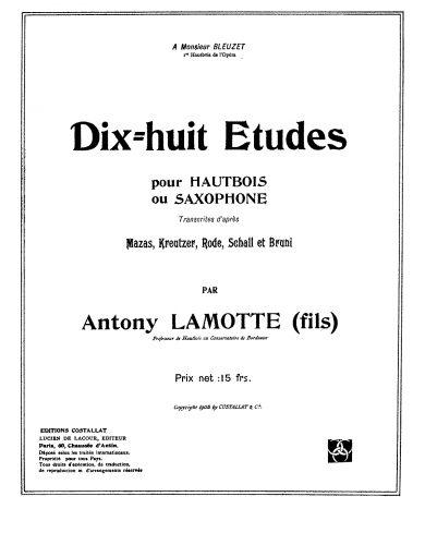 Lamotte - Dix-Huit Études pour Hautbois ou Saxophone - Score