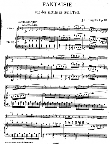 Singelée - Fantaisie sur des motifs de l'opéra 'Guillaume Tell', op.117 - Score and violin part