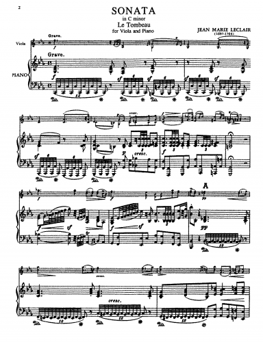 Leclair - 12 Sonatas for Violin and Continuo, Op. 5 (or Book III) - Sonata No. 6 in C minor "Tombeau" For Viola and Piano (Hermann) - Piano score