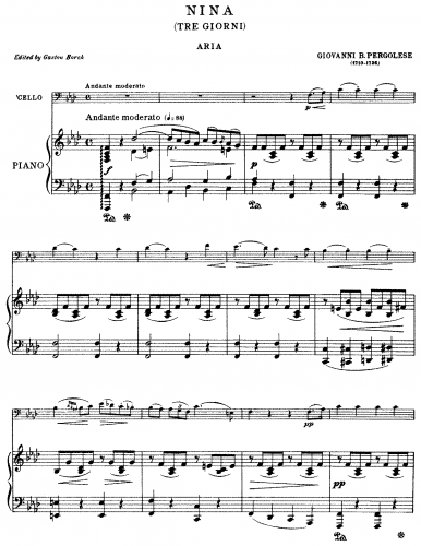 Pergolesi - Tre giorni son che Nina - For Cello and Piano (Borch) - Piano score and cello part