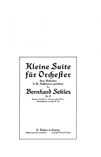 Sekles - Kleine Suite, Op. 21 - Score