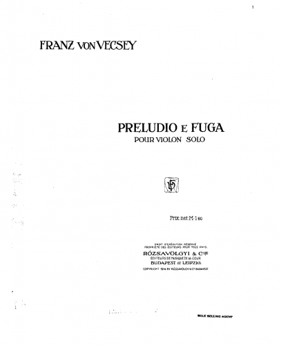 Vecsey - Prelude & Fugue for Solo Violin - Score (Solo Violin)