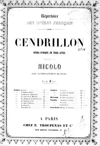 Isouard - Cendrillon - Vocal Score - Score