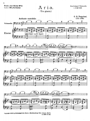 Pergolesi - Tre giorni son che Nina - For Cello and Piano (Burmester and Lier) - Piano score and cello part