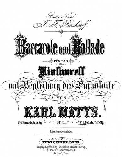 Matys - Barcarole and Ballade - Scores and Parts No. 2: Ballade - Piano Score and Cello Part