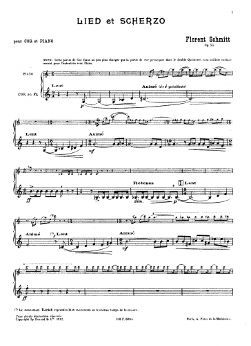 Schmitt - Lied and Scherzo, Op. 54 - For Horn and Piano - Horn and Piano score, Horn part