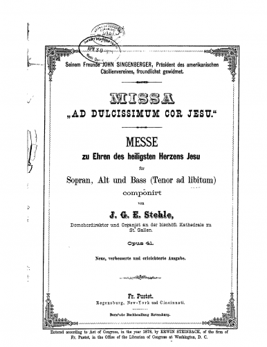 Stehle - Missa Ad Dulcissimum Cor Jesu, Op. 41 - Score